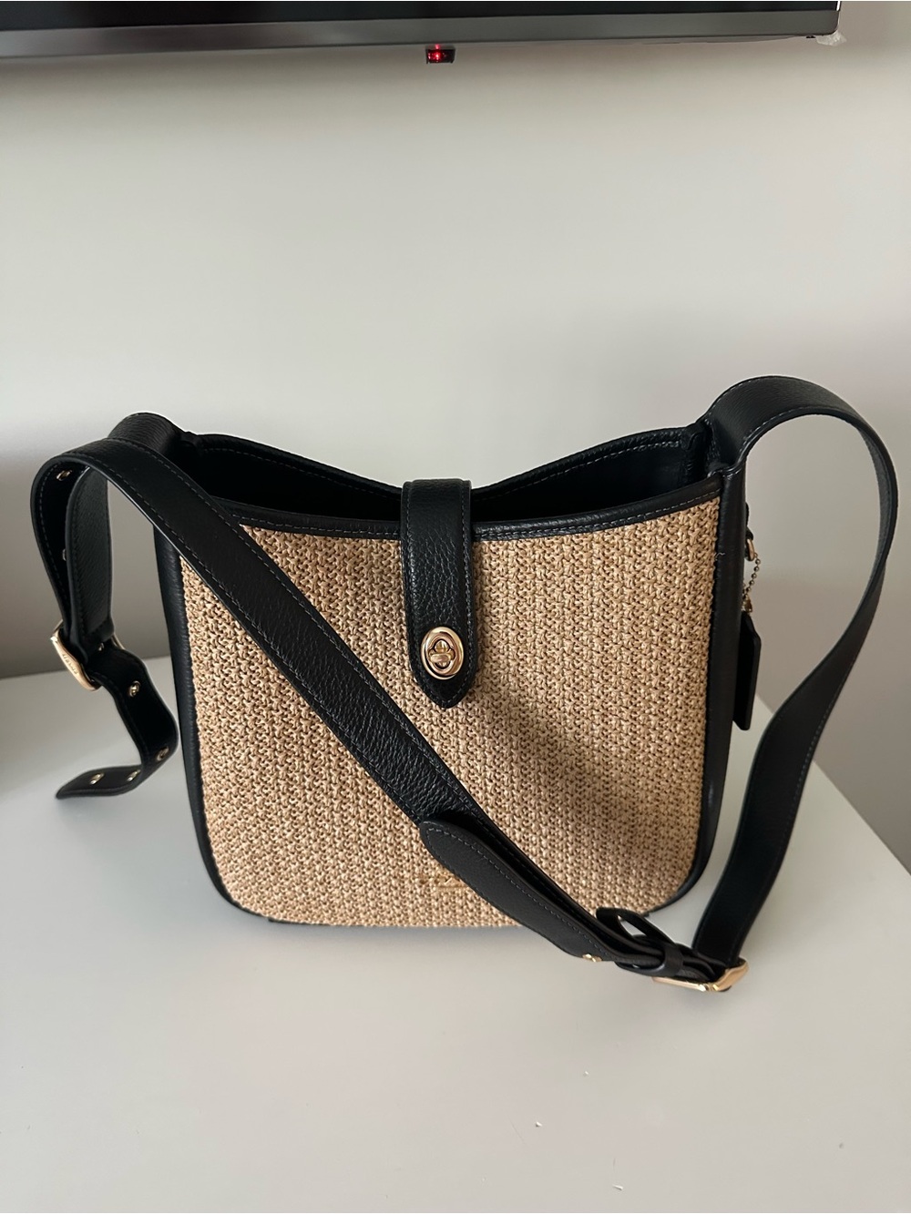 COACH Hadley Turnlock Crossbody Bag in Straw and Black Leather